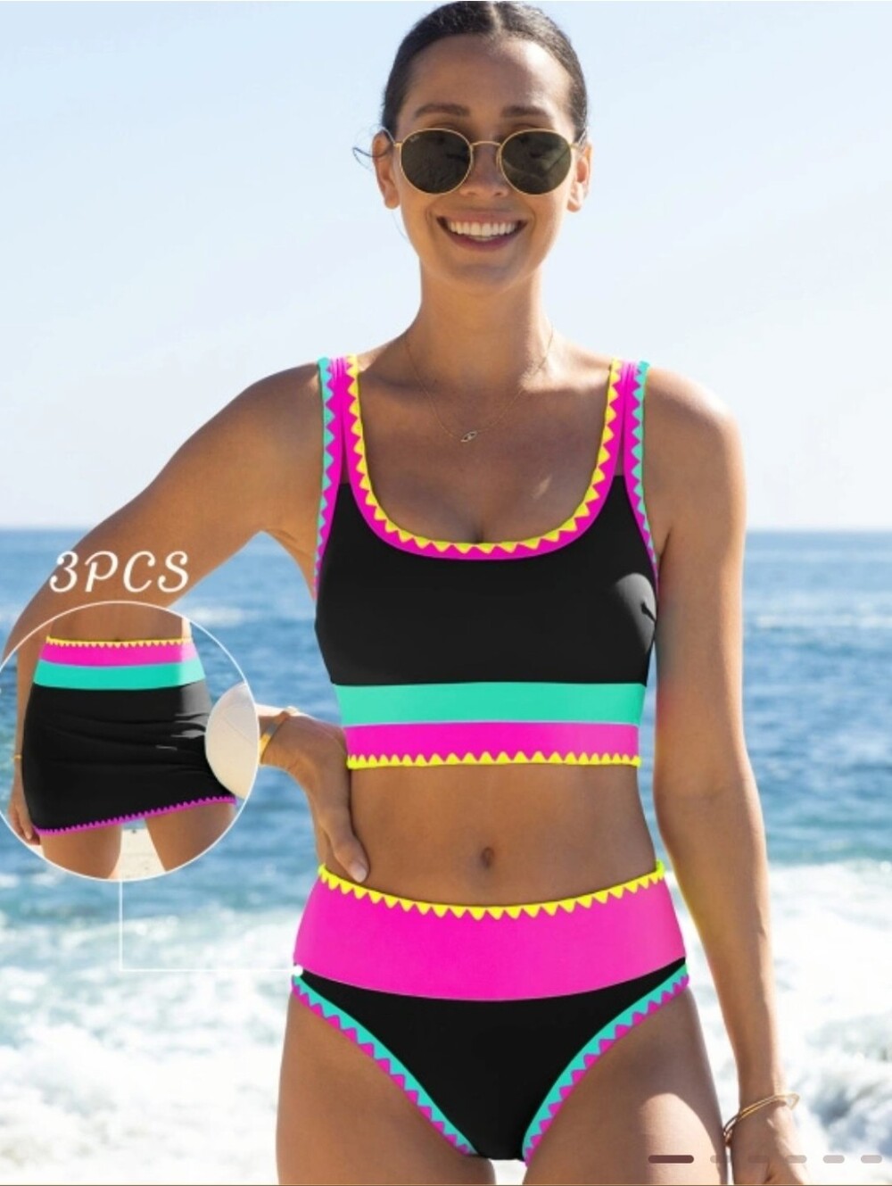 Popvil Women’s Black Three Piece Bikini Set with Pink & Mint Trim